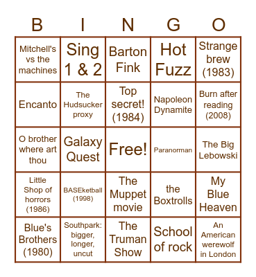 Skippie's favorite Movies Bingo Card