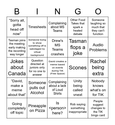 TIK Bingo (Non-Pegs) Bingo Card