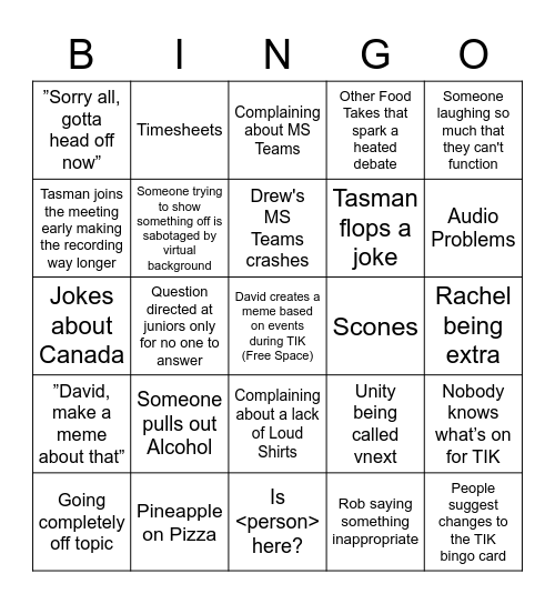 TIK Bingo (Non-Pegs) Bingo Card