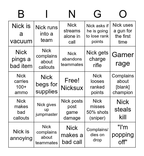 Nick Apex Bingo Card
