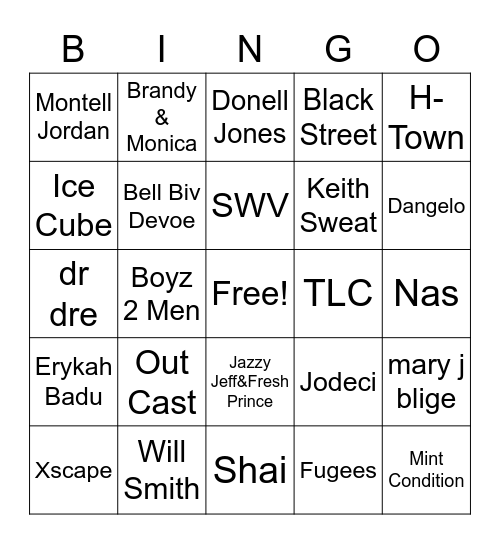 R & B Bingo Card