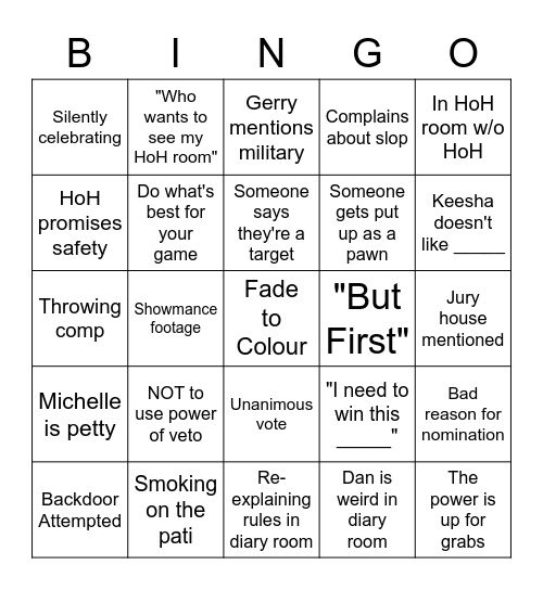 Big Brother 10 Bingo Card