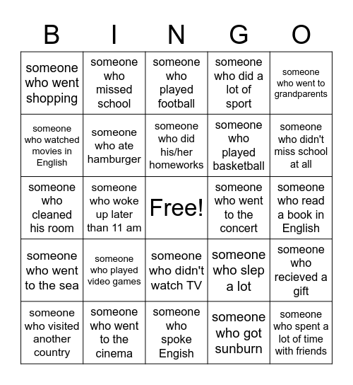 After Holiday Bingo Card