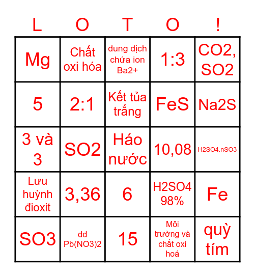 Lô tô Hóa học Bingo Card