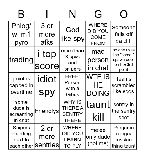 TF2 Pubbing Experience Bingo Card