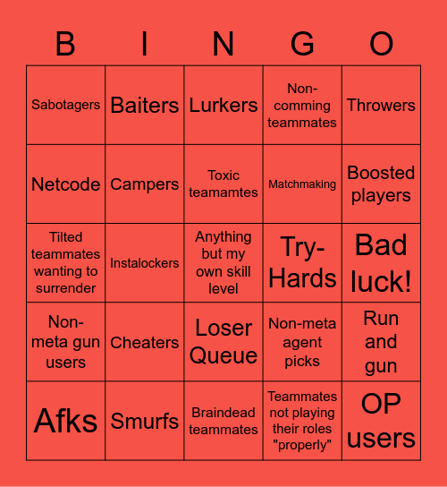 Valorant Excuses for not ranking up! Bingo Card