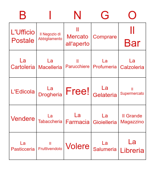 I Negozi Bingo Card