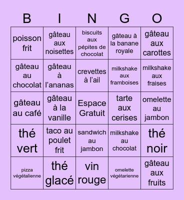 BINGO VIRTUEL: Au restaurant! Bingo Card