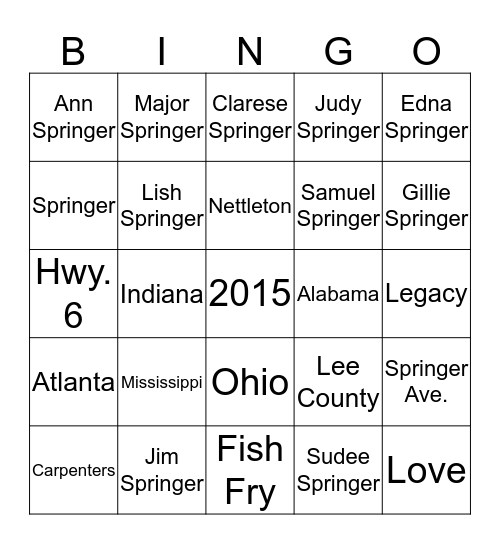 SPRINGER-LYONS REUNION 2015 Bingo Card