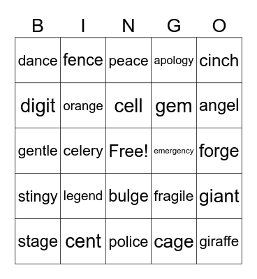 Soft G and C Bingo Card