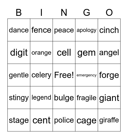 Soft G and C Bingo Card