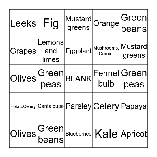 Fruit & Veggie Bingo Card