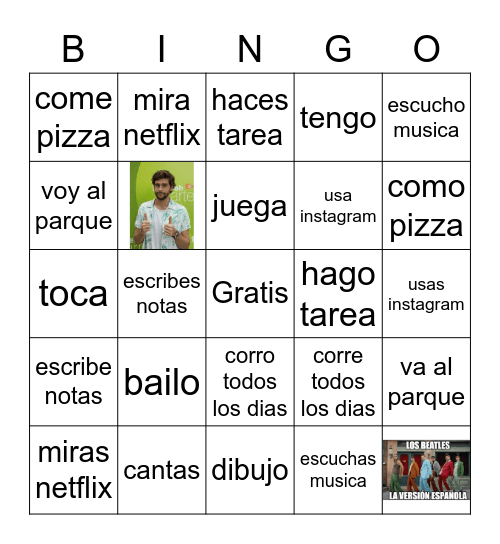 Verbos Bingo Card