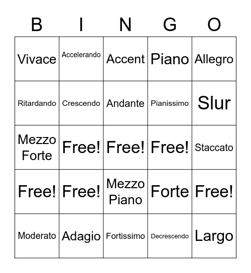 Music vocabulary Bingo Card