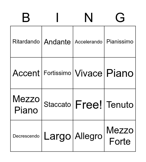 Music Vocabulary Bingo Card