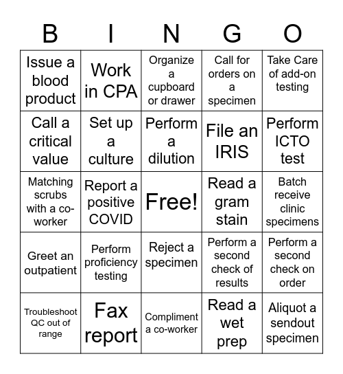 Laboratory Bingo MLT/MLS/Lab Assistant Bingo Card