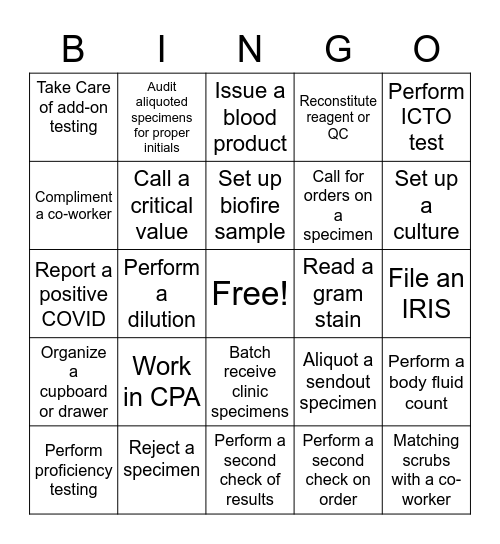 Laboratory Bingo MLT/MLS/Lab Assistant Bingo Card