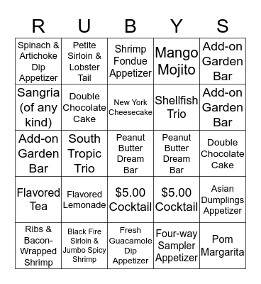 Ruby Tuesday Bingo Card Bingo Card