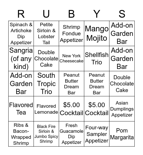 Ruby Tuesday Bingo Card Bingo Card