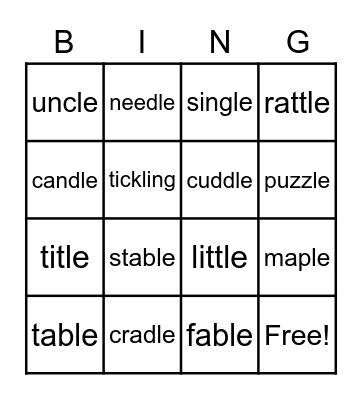 Consonant -le Bingo Card