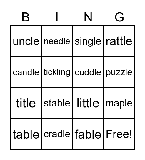 Consonant -le Bingo Card