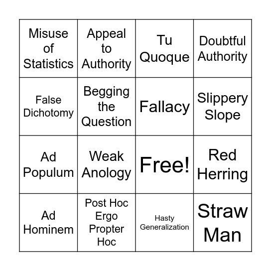 Logical Fallacy Bingo Card