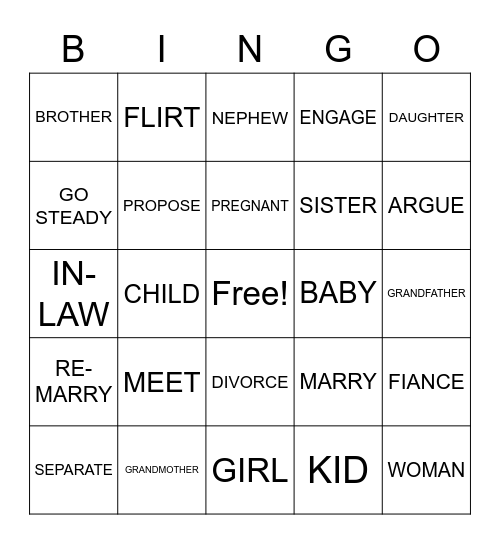 Family and Relationship Bingo Card