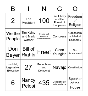Principles of American Democracy Citizens Test Bingo Card