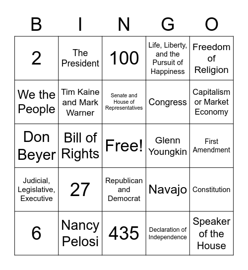 Principles of American Democracy Citizens Test Bingo Card