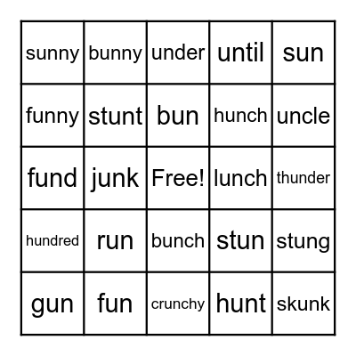 Word Part:    un Bingo Card