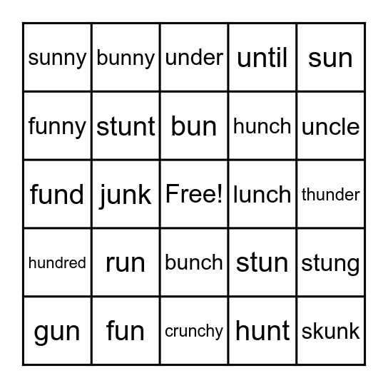 Word Part:    un Bingo Card