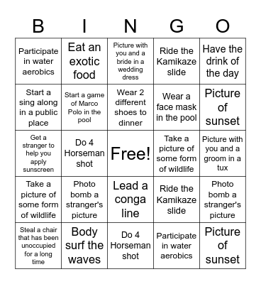 Resort Bingo - If no picture possible must have a witness Bingo Card