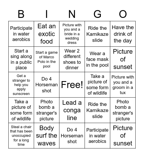 Resort Bingo - If no picture possible must have a witness Bingo Card
