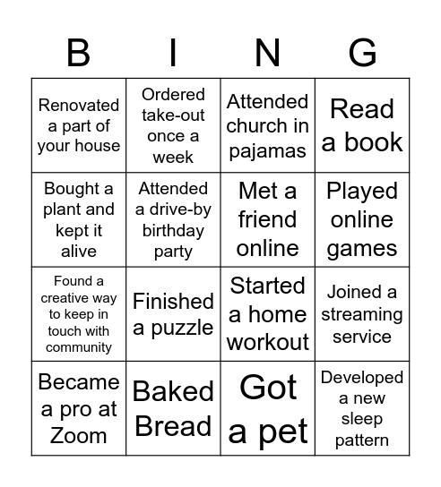 What I did during quarantine Bingo Card