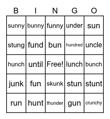 Word Part:  un Bingo Card