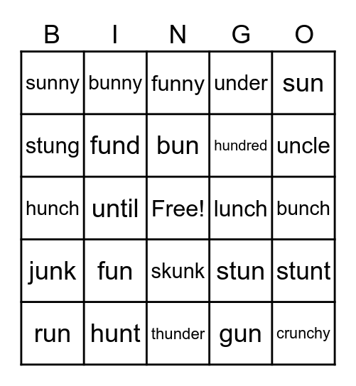 Word Part:  un Bingo Card