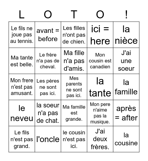 Ne...pas (la famille) Bingo Card