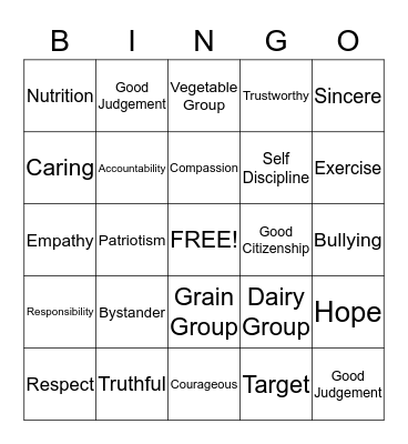 Character Education Bingo Card