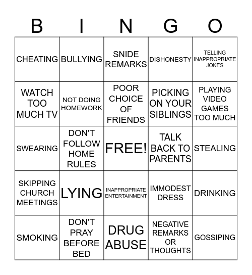 BAD HABIT BINGO BASH Bingo Card