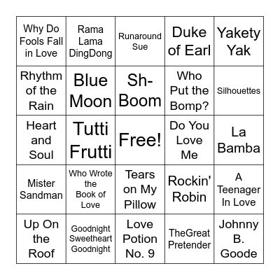 50s Music Bingo Card