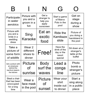 Resort Bingo - If no picture/video, witness required Bingo Card