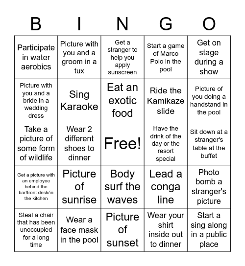 Resort Bingo - If no picture/video, witness required Bingo Card