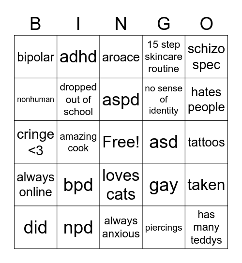 Narcissus’ Bingo Card