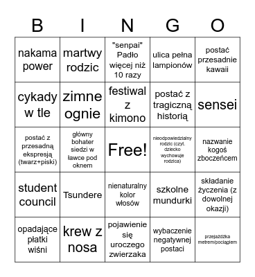 Anime Bingo Card