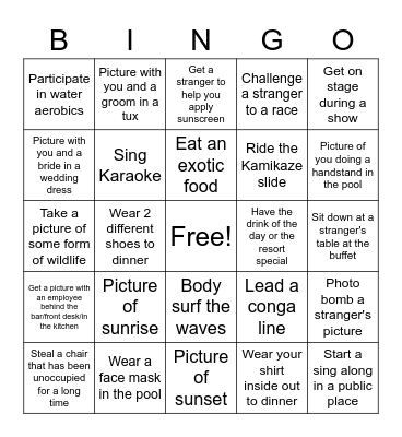 Resort Bingo - If no picture/video, witness required Bingo Card