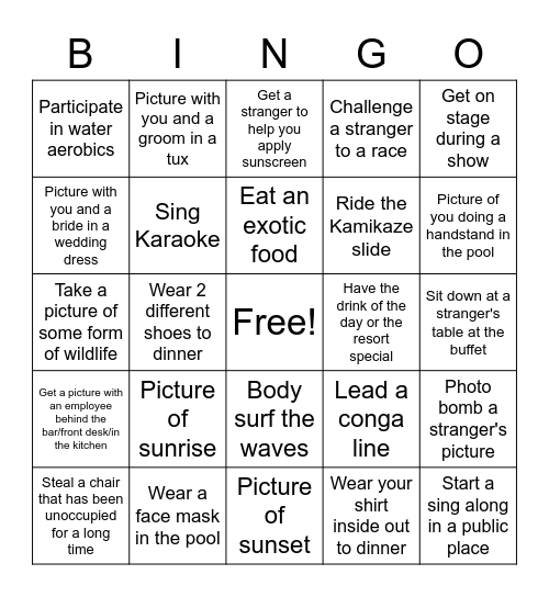 Resort Bingo - If no picture/video, witness required Bingo Card