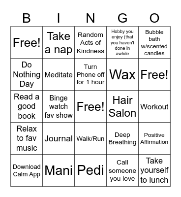 Self-Care Bingo Card