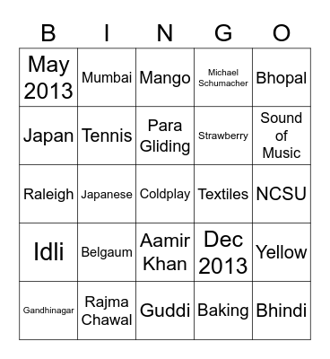 Aarti's Party Bingo Card