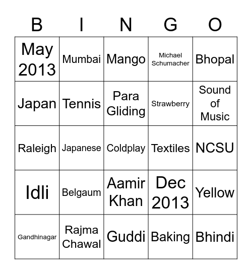 Aarti's Party Bingo Card