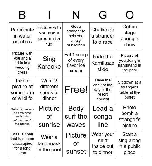 Resort Bingo - If no picture/video, witness required Bingo Card